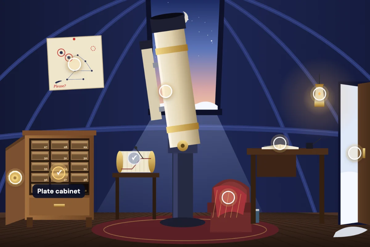 Snowfall at Hollowfell in play: the inside of the observatory dome at dawn, with glowing markers on the plate cabinet, the weather drum and Winnie’s desk