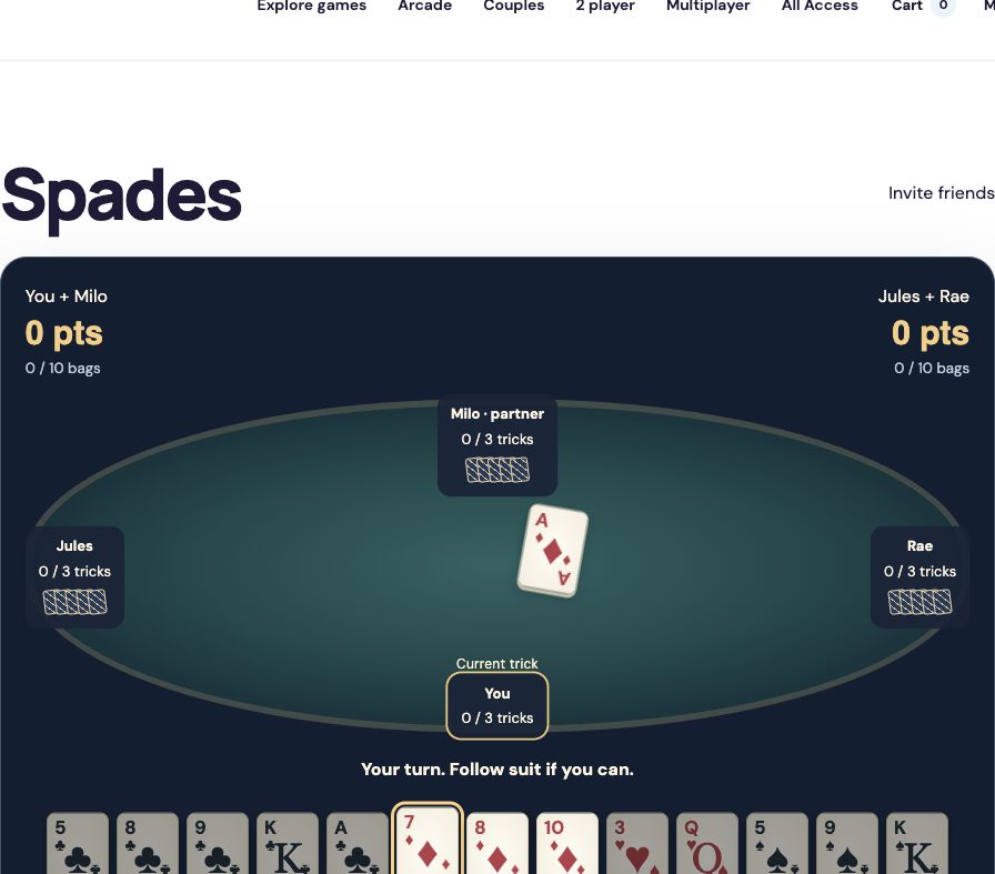 Spades table with four seats, a central trick and a private hand