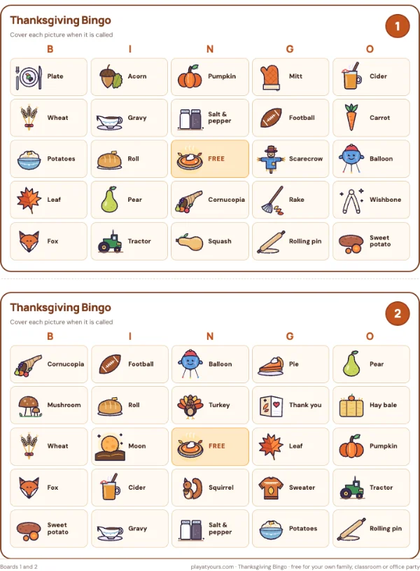 Numbered boards 1 and 2, two to a page: a real page from the free Thanksgiving Bingo printable