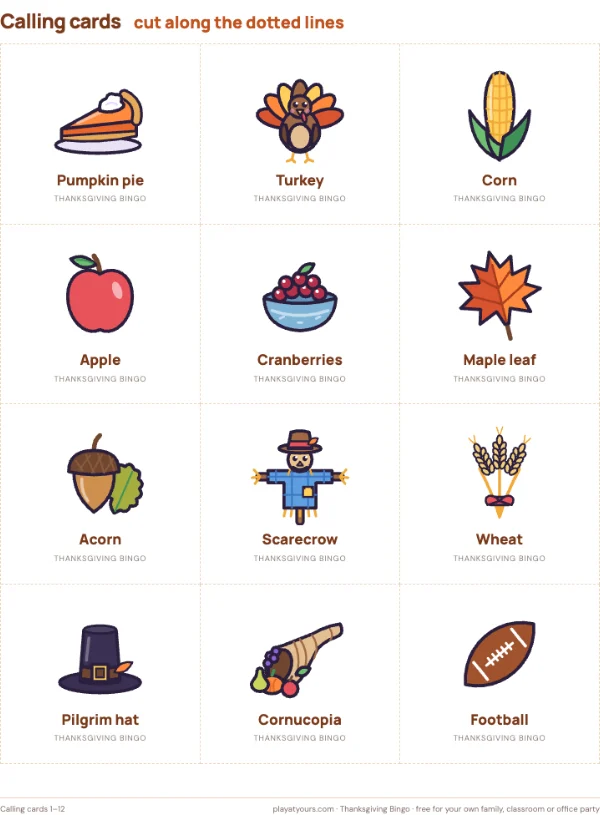 Cut-out calling cards for the host: a real page from the free Thanksgiving Bingo printable