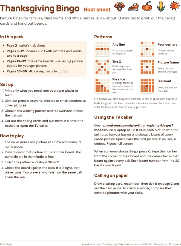 The one-page host sheet: a real page from the free Thanksgiving Bingo printable