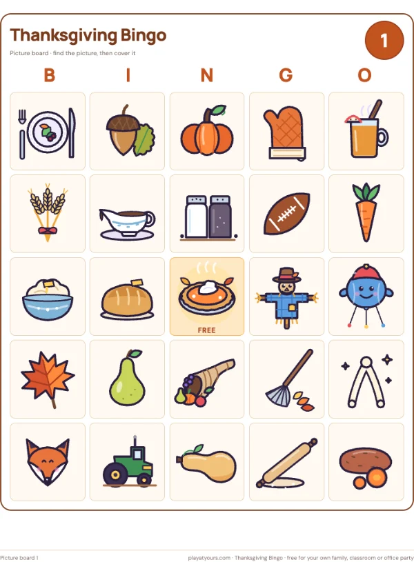 The picture-led board for younger players: a real page from the free Thanksgiving Bingo printable
