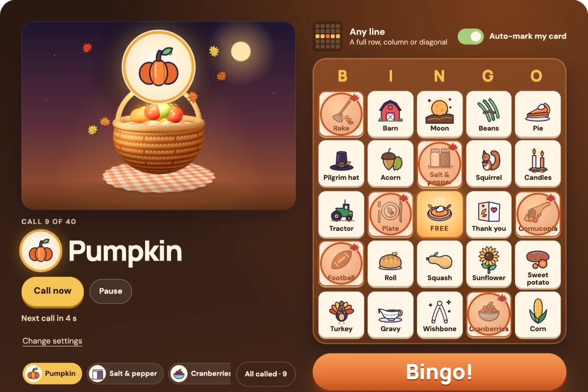 Thanksgiving Bingo gameplay: a harvest basket caller full of glowing fruit beside a picture card with daubed pies, corn and leaves