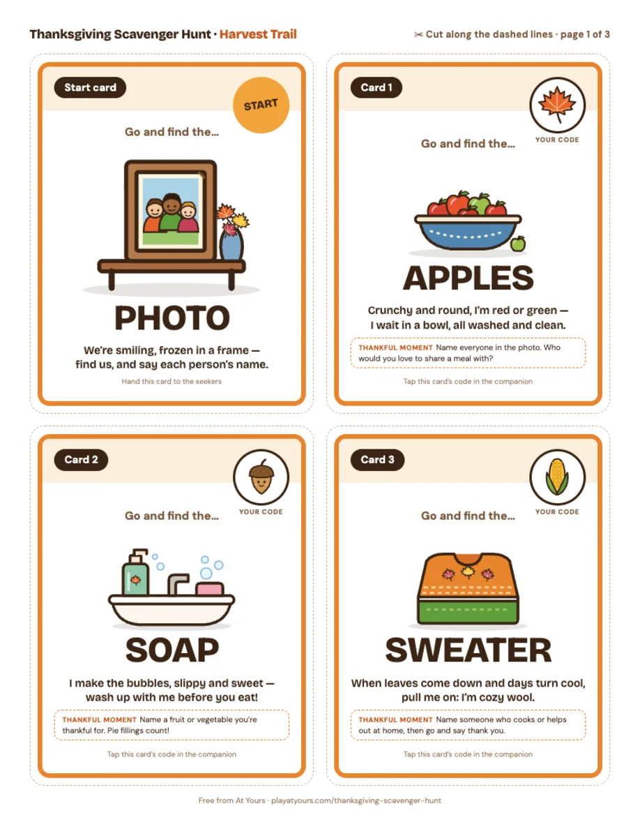 Printable Harvest Trail page: four cut-out cards with big pictures of a family photo, a fruit bowl, soap and a sweater, each with a rhyme, a thankful moment and a little harvest picture code