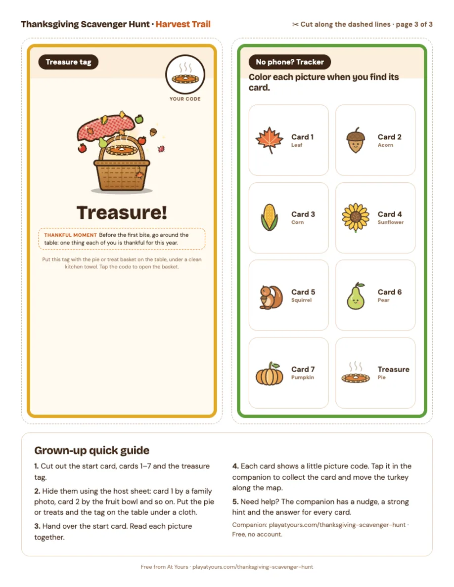 The treasure tag for the pie and a tick-off tracker for families without a phone
