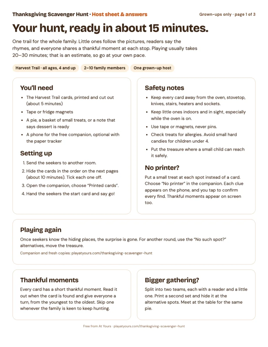 Thanksgiving host sheet with preparation time, safety notes and the hiding order