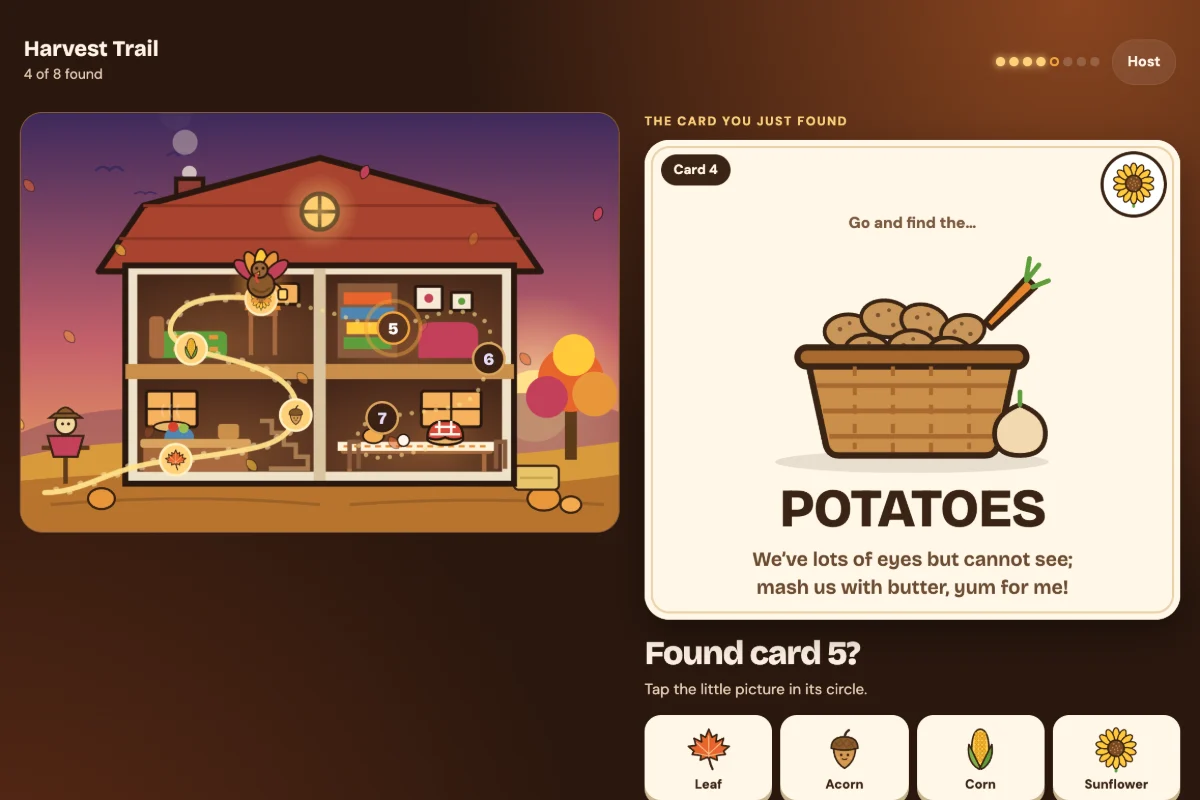 The free Thanksgiving companion: a sunset farmhouse map with a pumpkin patch, a picture-and-rhyme clue card and big picture-code buttons