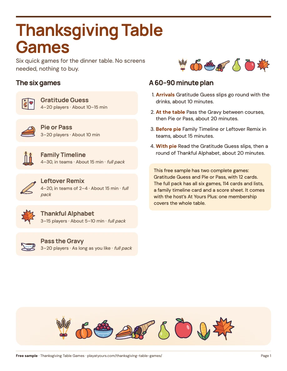 The free sample cover: the six Thanksgiving table games and a 60 to 90 minute plan