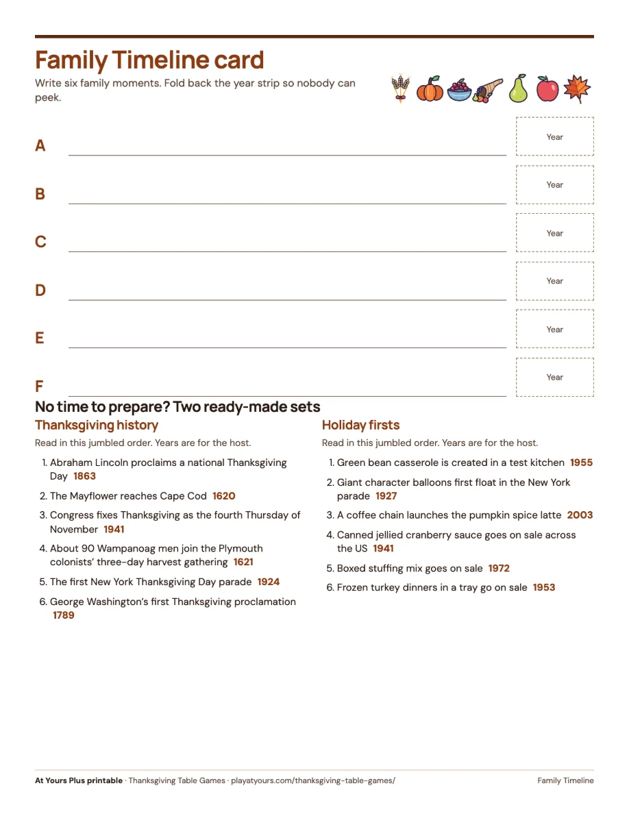 A page from the full pack: the family timeline card with fold-back years and two ready-made timeline sets
