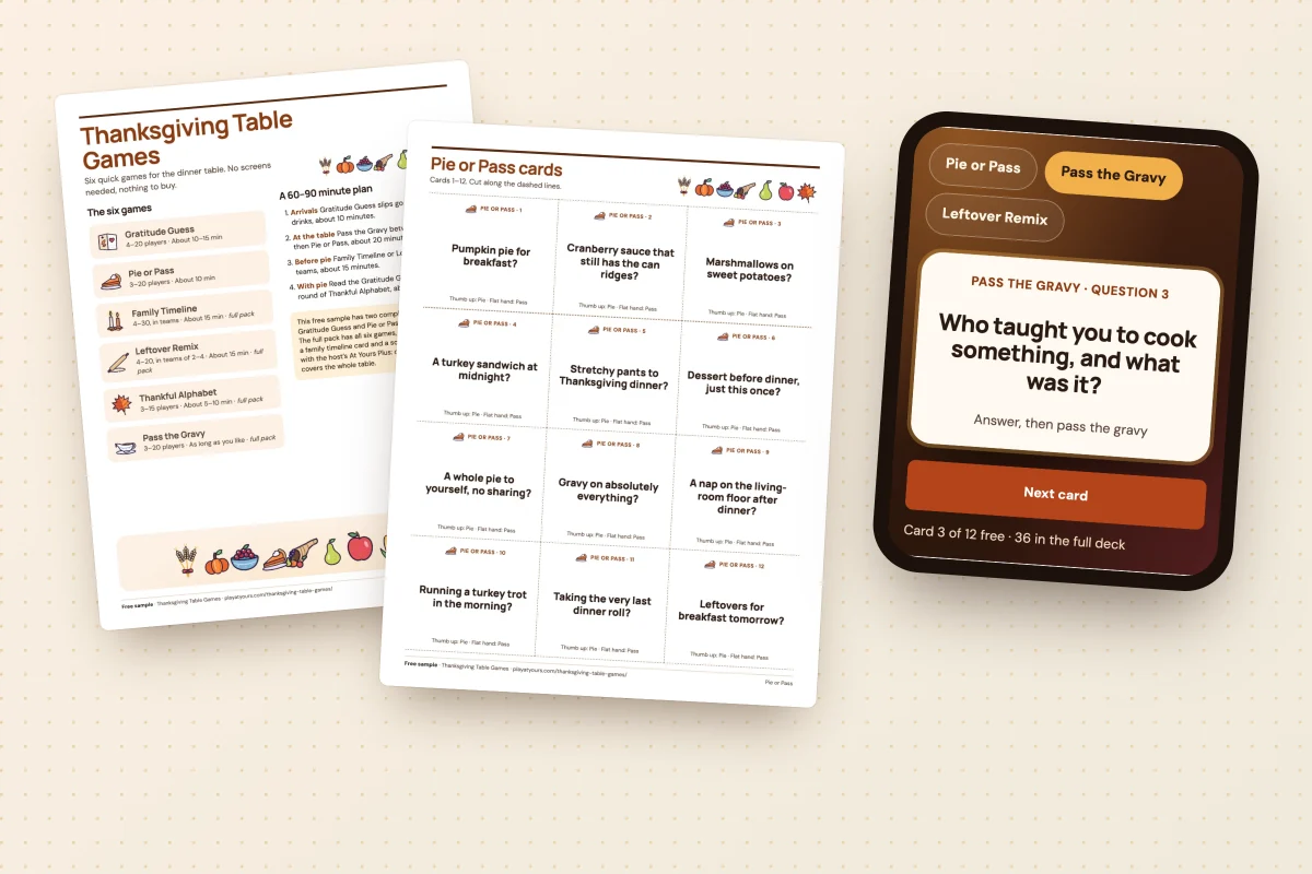 Thanksgiving table games: the printed free sample with Pie or Pass cards, and a phone showing a Pass the Gravy question