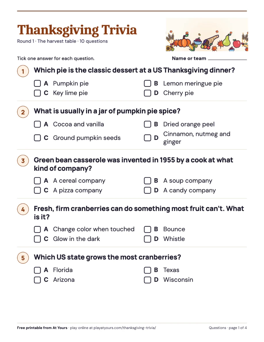 The printable Thanksgiving Trivia question sheet: large-print questions with four lettered answers and tick boxes