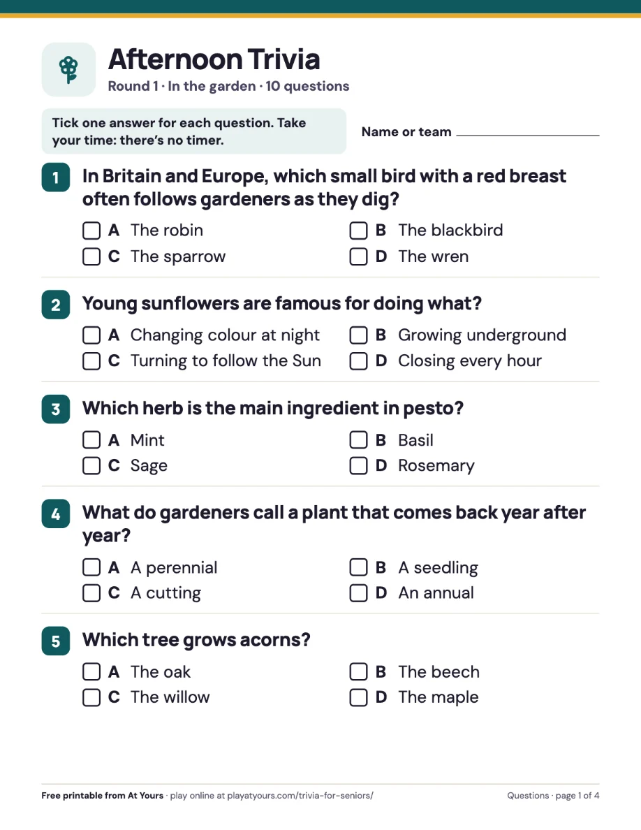 The printable Afternoon Trivia question sheet: large-print questions with four lettered answers and tick boxes