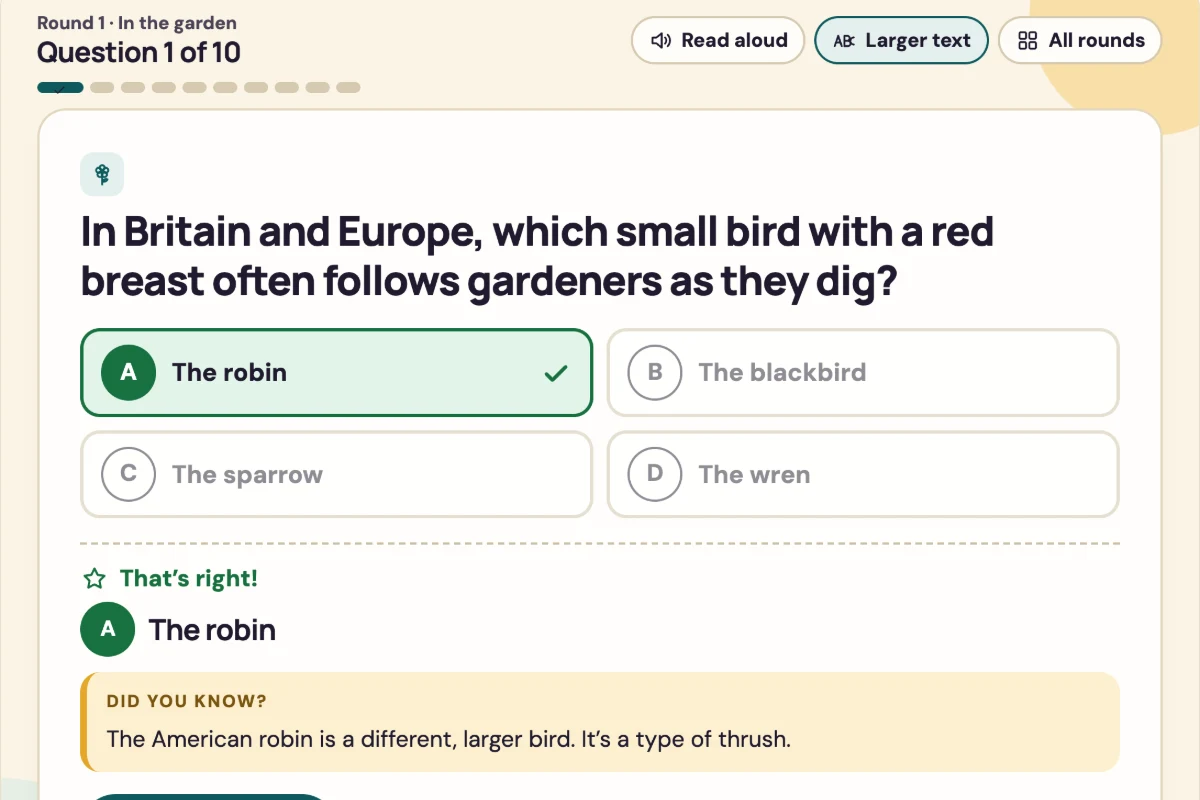 Afternoon Trivia in comfortable mode: a large question, four big lettered answer buttons and a friendly did-you-know fact