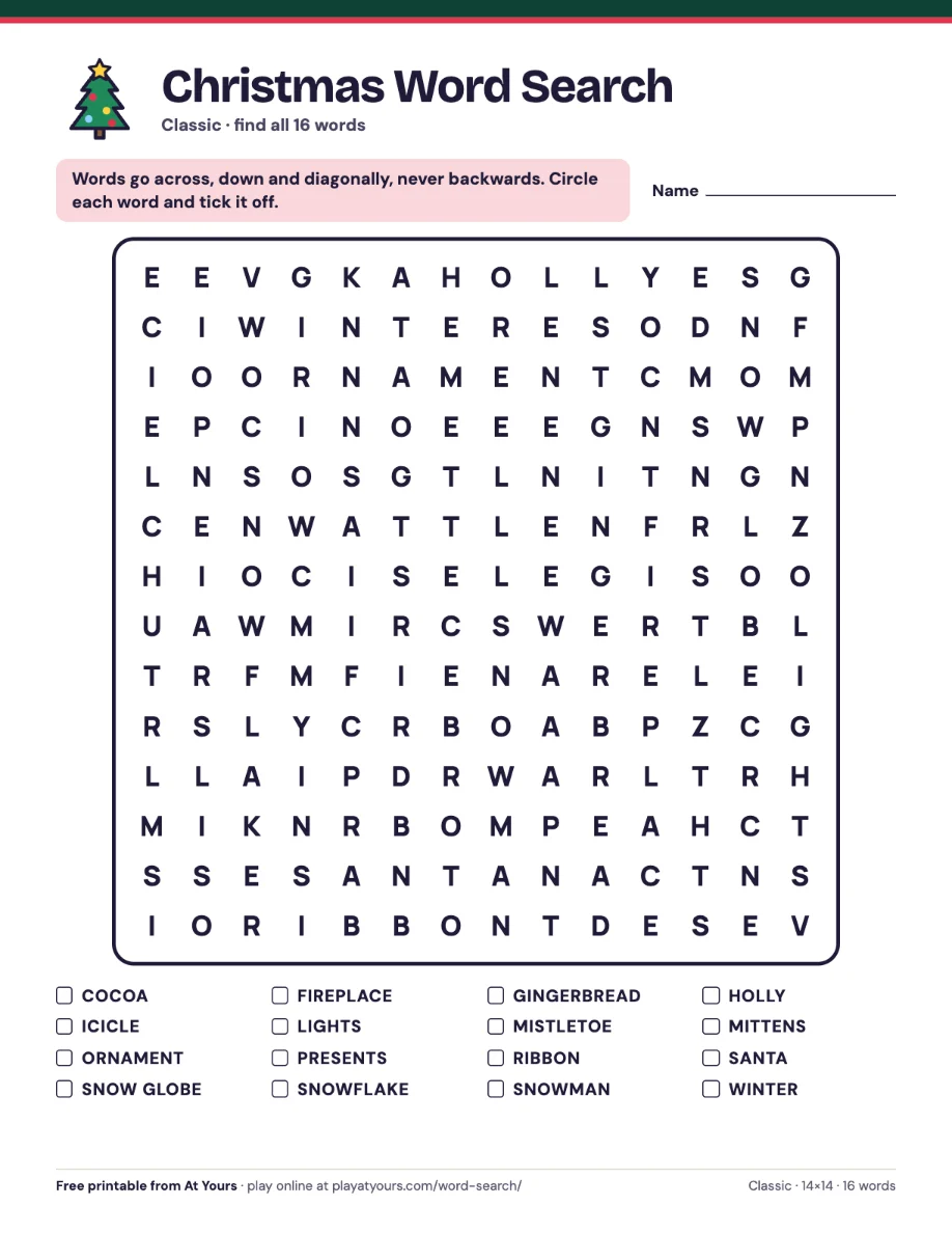 The printable Christmas word search, Classic version: 16 words in a 14×14 grid, across, down and diagonal, with the word list underneath