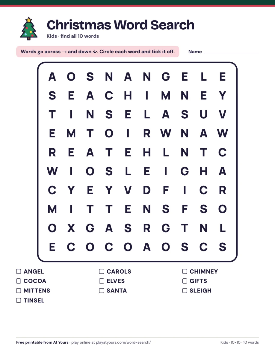The printable Christmas word search, Kids version: 10 words in a 10×10 grid, across and down only, with big letters, with the word list underneath