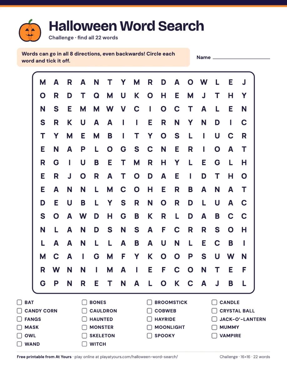 The printable Halloween word search, Challenge version: 22 words in a 16×16 grid, every direction, including backwards, with the word list underneath