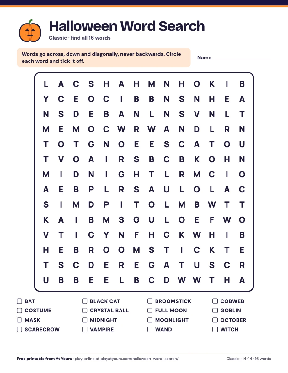 The printable Halloween word search, Classic version: 16 words in a 14×14 grid, across, down and diagonal, with the word list underneath