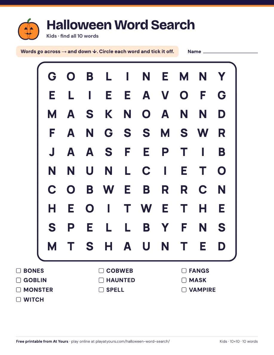 The printable Halloween word search, Kids version: 10 words in a 10×10 grid, across and down only, with big letters, with the word list underneath