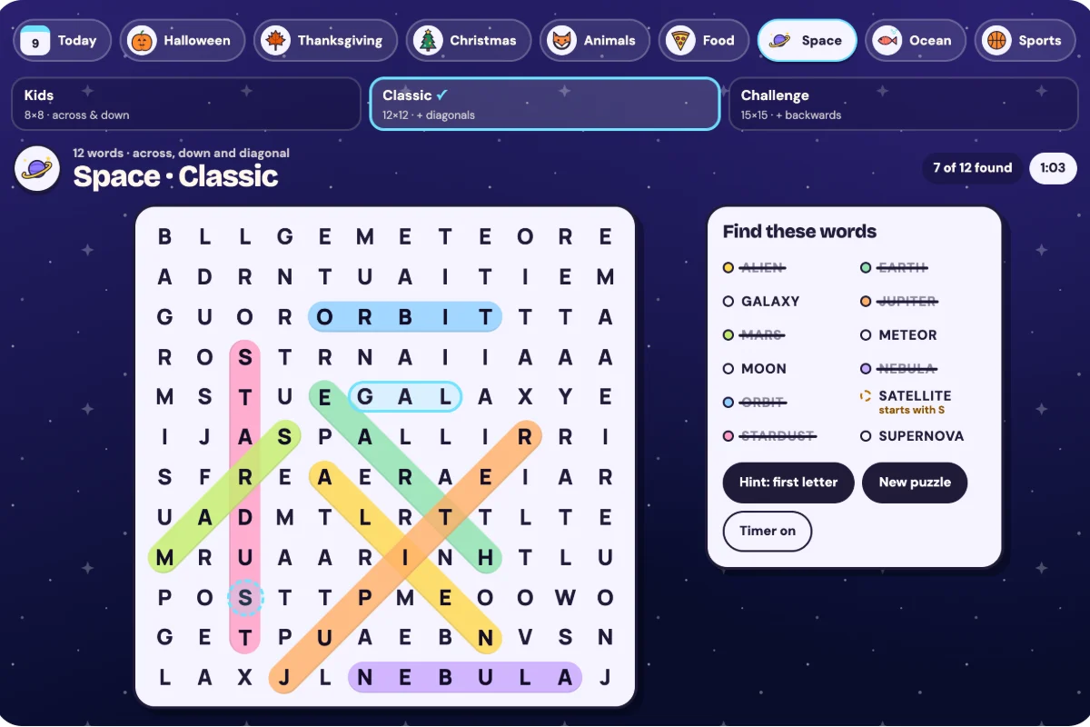 A Classic word search in progress: highlighter capsules over found words and a word list with crossed-off words