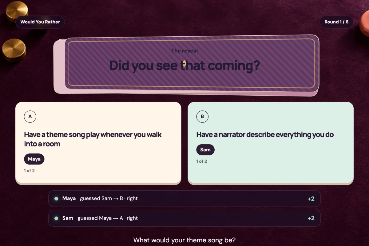 A Would You Rather game in play: two choice cards, a private pick and a prediction for the other player