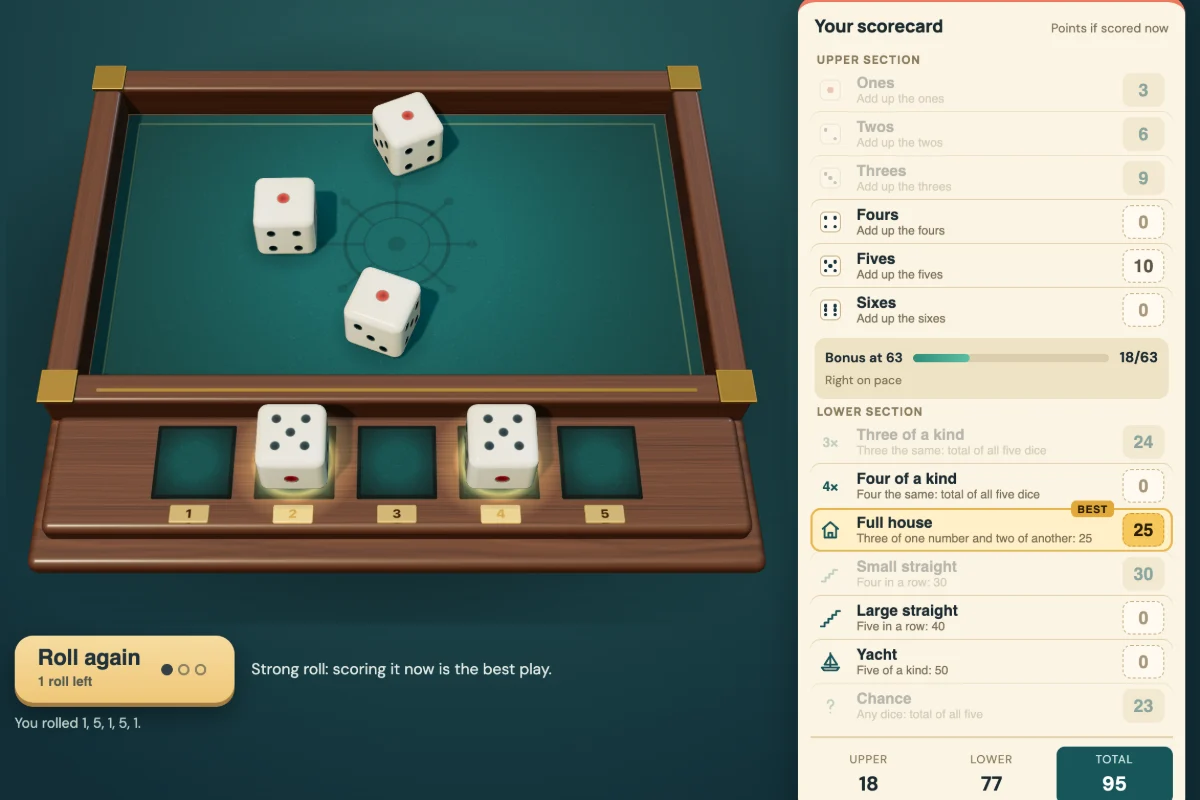 Yacht Dice gameplay: three ones on a teal felt dice tray, two fives held on the wooden rail and the scorecard marking Full house, 25 points, as the best box