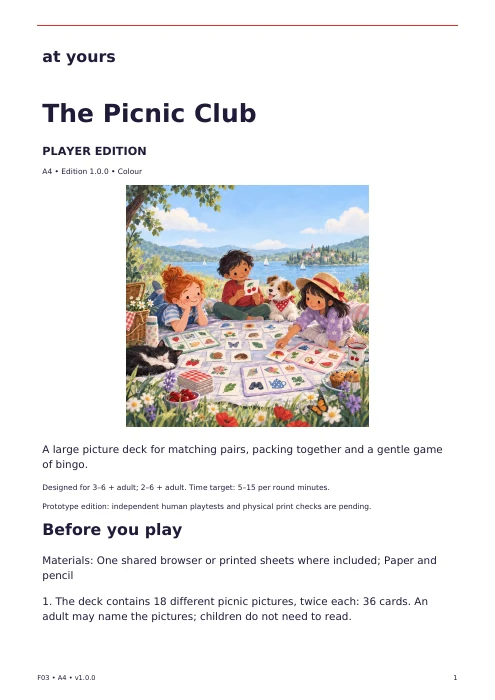 Actual first page of the The Picnic Club player edition, with introduction and preparation instructions.