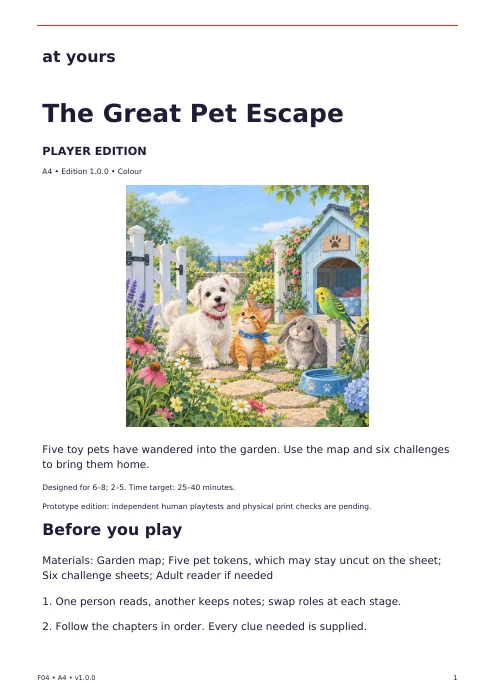 Actual first page of the The Great Pet Escape player edition, with introduction and preparation instructions.