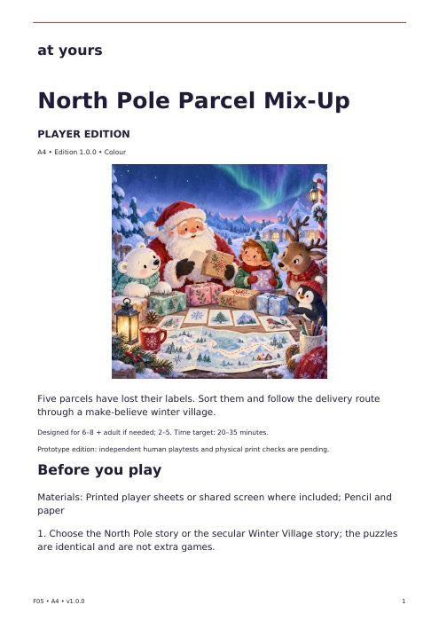 Actual first page of the North Pole Parcel Mix-Up player edition, with introduction and preparation instructions.