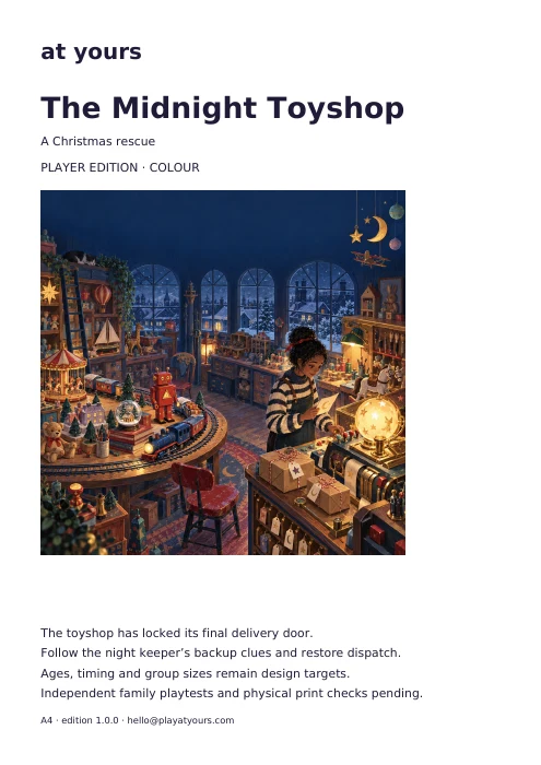 Actual first page of the The Midnight Toyshop player edition, with introduction and preparation instructions.