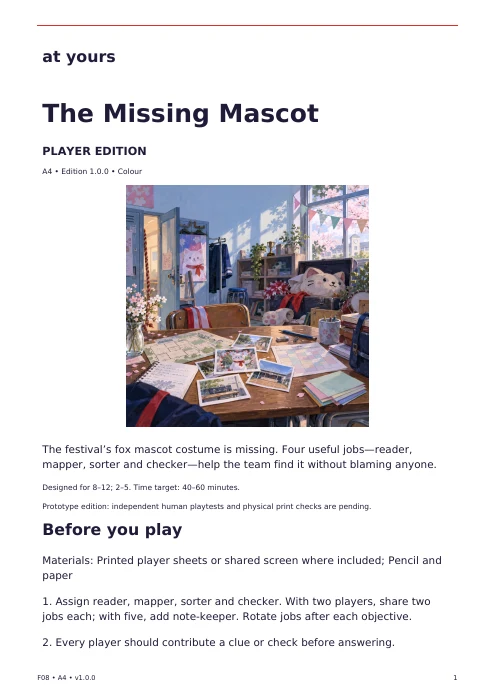 Actual first page of the The Missing Mascot player edition, with introduction and preparation instructions.