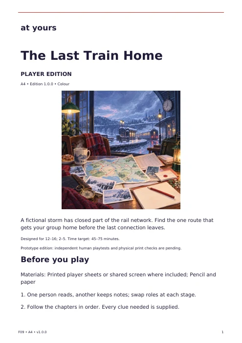 Actual first page of the The Last Train Home player edition, with introduction and preparation instructions.