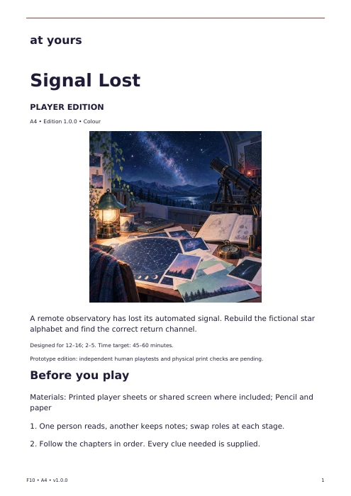 Actual first page of the Signal Lost player edition, with introduction and preparation instructions.