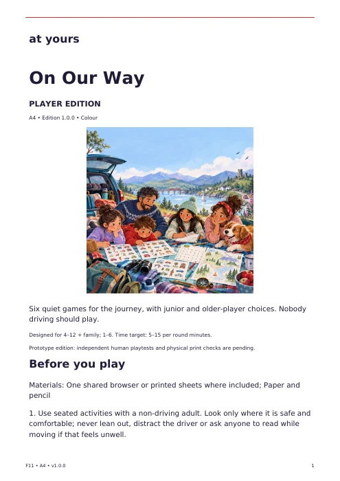 Actual first page of the On Our Way player edition, with introduction and preparation instructions.