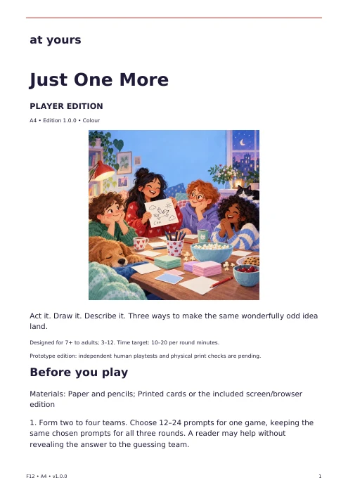 Actual first page of the Just One More player edition, with introduction and preparation instructions.