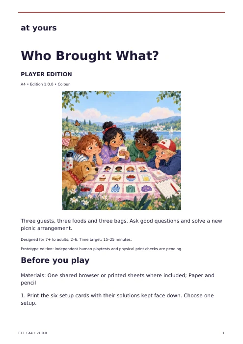 Actual first page of the Who Brought What? player edition, with introduction and preparation instructions.