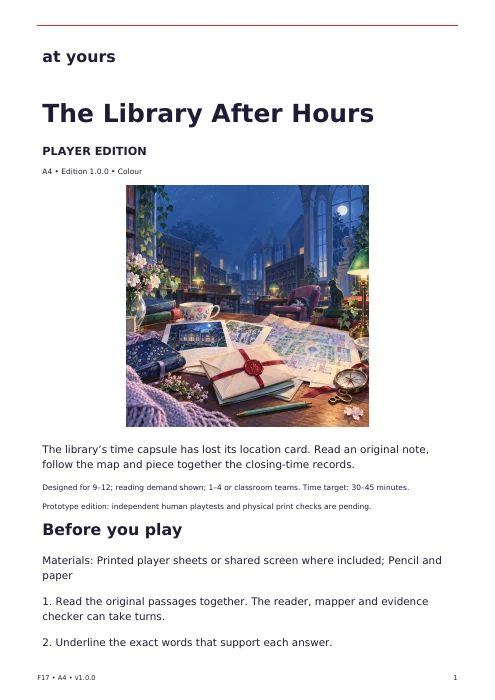 Actual first page of the The Library After Hours player edition, with introduction and preparation instructions.