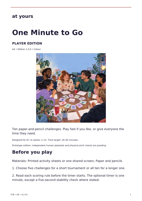 Actual first page of the One Minute to Go player edition, with introduction and preparation instructions.
