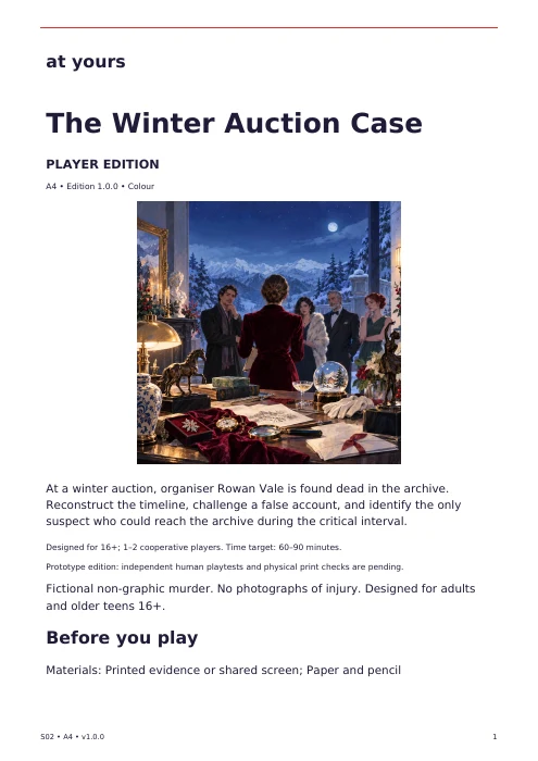 Actual first page of the The Winter Auction Case player edition, with introduction and preparation instructions.