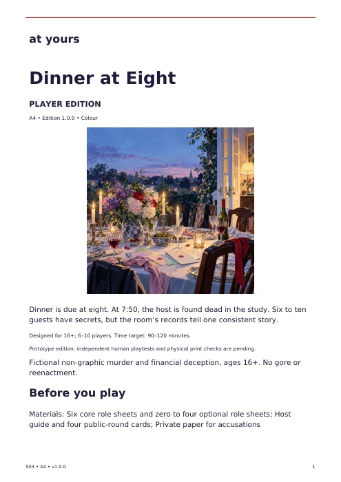 Actual first page of the Dinner at Eight player edition, with introduction and preparation instructions.