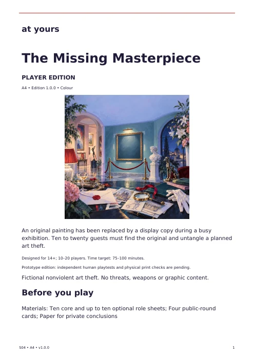 Actual first page of the The Missing Masterpiece player edition, with introduction and preparation instructions.