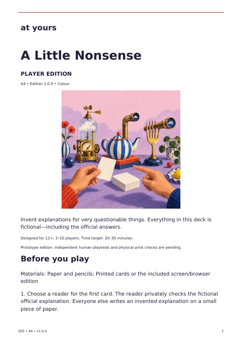 Actual first page of the A Little Nonsense player edition, with introduction and preparation instructions.