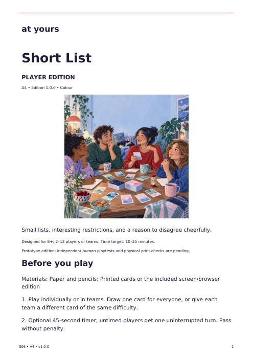 Actual first page of the Short List player edition, with introduction and preparation instructions.