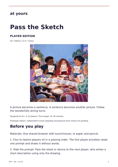 Actual first page of the Pass the Sketch player edition, with introduction and preparation instructions.