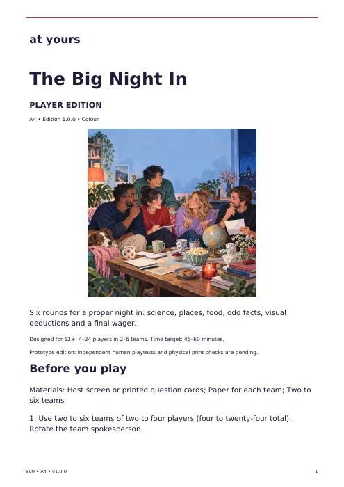 Actual first page of the The Big Night In player edition, with introduction and preparation instructions.