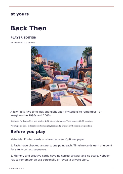 Actual first page of the Back Then player edition, with introduction and preparation instructions.