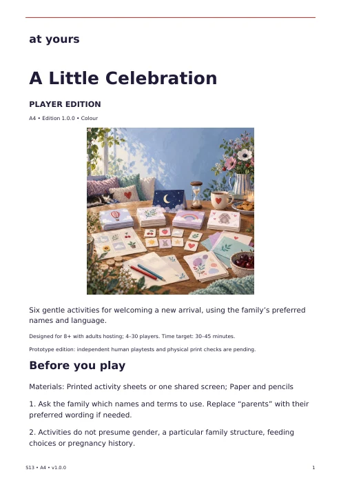 Actual first page of the A Little Celebration player edition, with introduction and preparation instructions.
