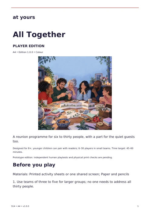Actual first page of the All Together player edition, with introduction and preparation instructions.