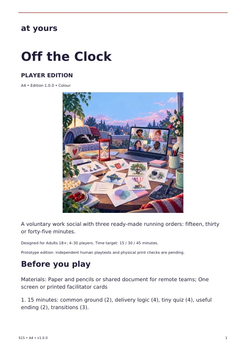 Actual first page of the Off the Clock player edition, with introduction and preparation instructions.