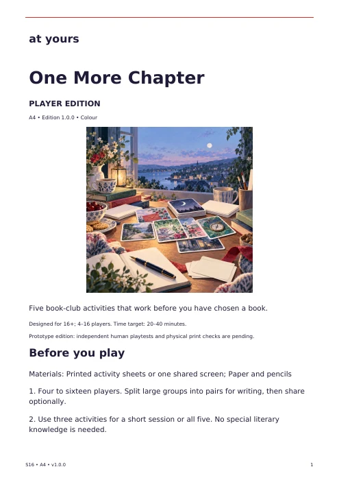 Actual first page of the One More Chapter player edition, with introduction and preparation instructions.