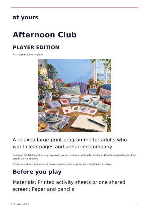 Actual first page of the Afternoon Club player edition, with introduction and preparation instructions.